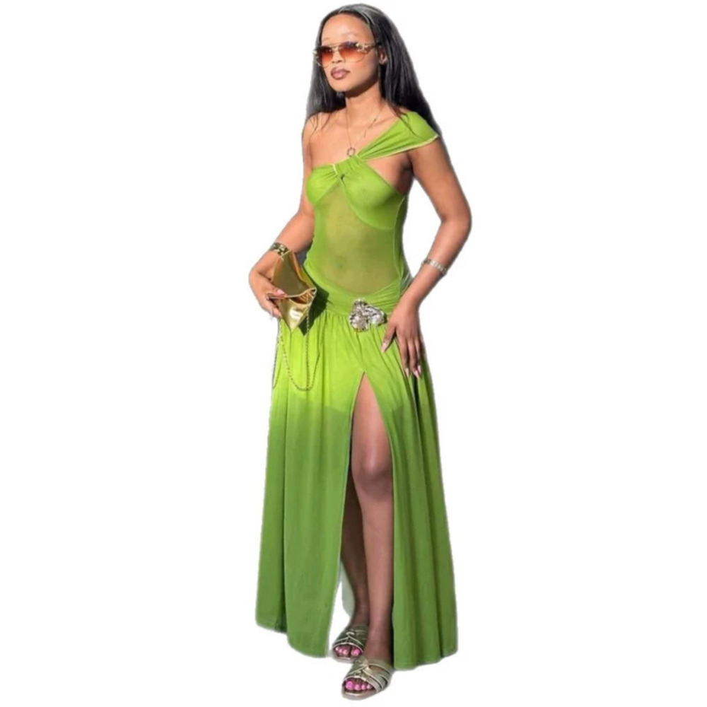African Sexy Off Shoulder Solid Slim Fit Mesh Spliced Dress Slit Evening Gown